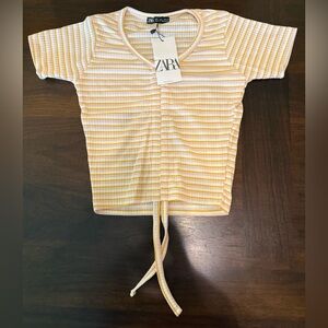 NWT Zara Ruched Tie Front Crop Top, Pink/Gold/White Stripe, Size Large (Runs Sm)